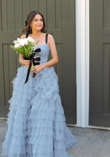 A Line Straps Polka Dots Layered Tulle Long Prom Dress Evening Dress HZ1023